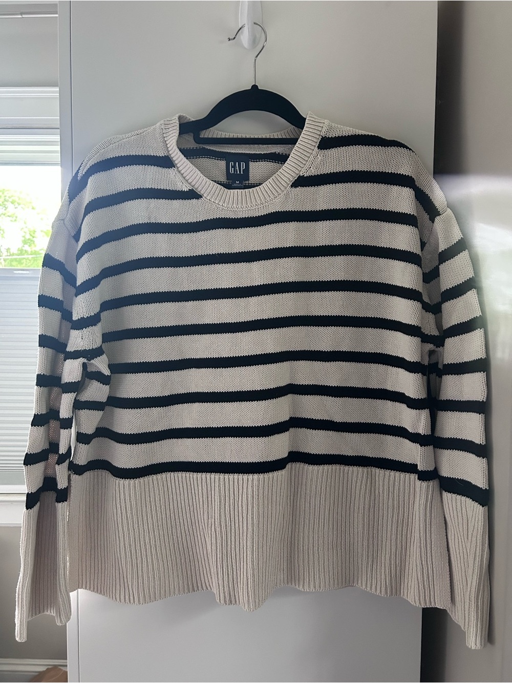 GAP 100% Cotton Cream and Black Striped Crewneck Sweater